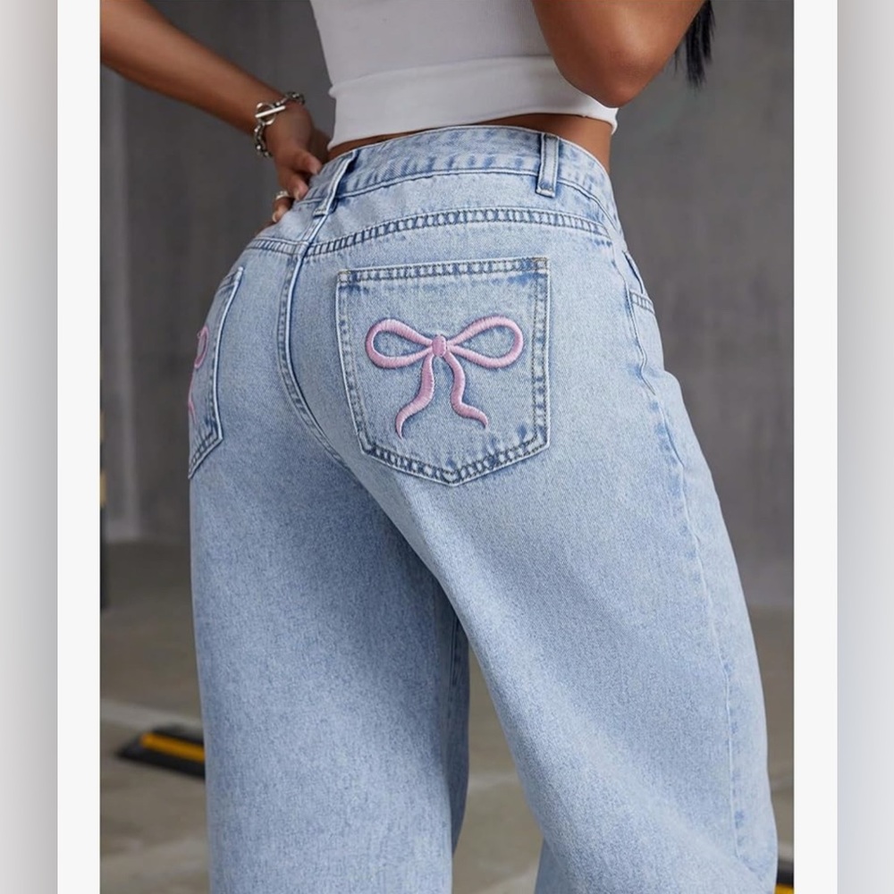 Bowknot Embroidery Jeans Y2k Straight Leg Boyfriend Denim Pants - Picture 4 of 11